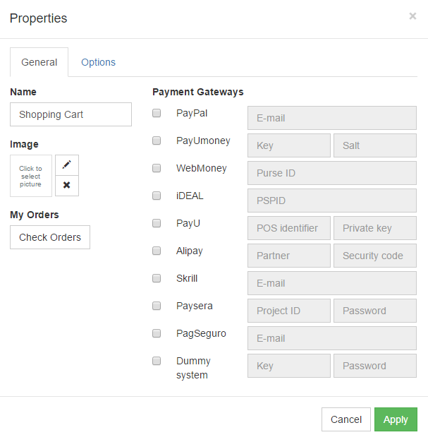 Store Cart widget properties dialog