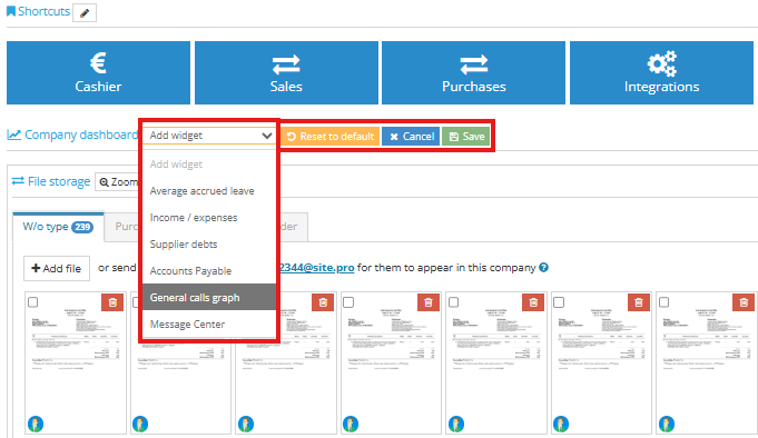Company dashboard indicator selection screen