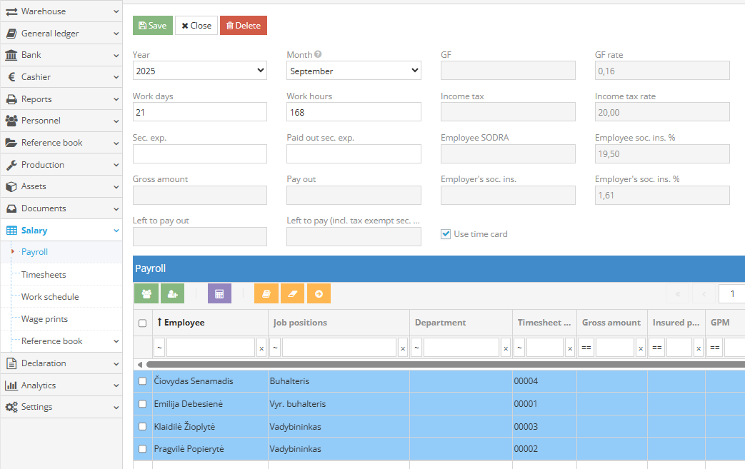 Entries posted to general journal highlighted in blue