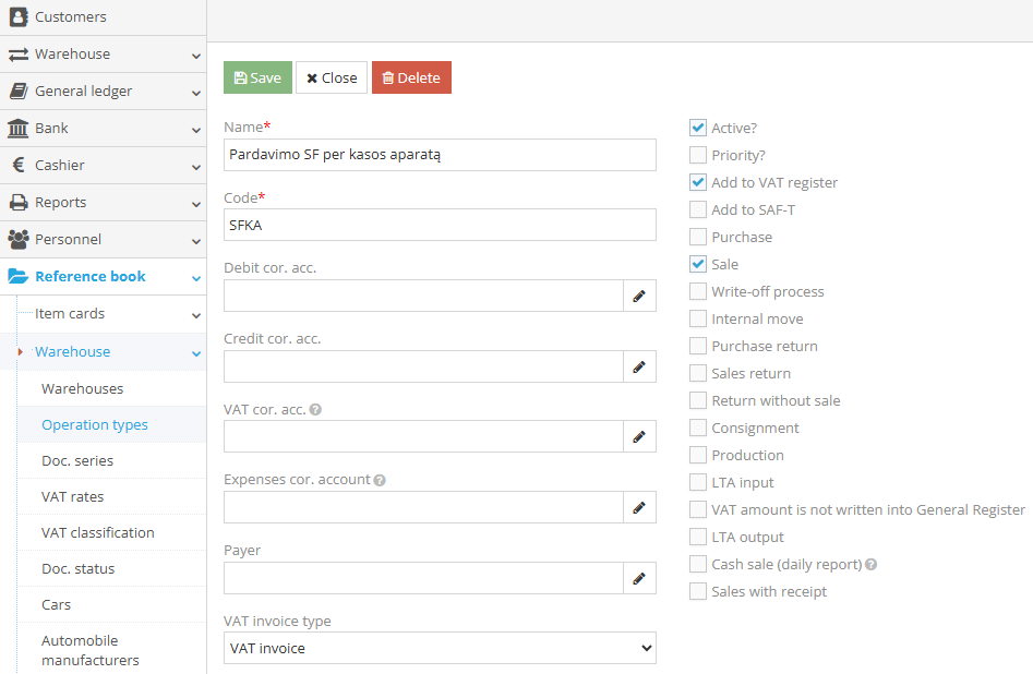 Sales operation type for invoice with RIVILE type