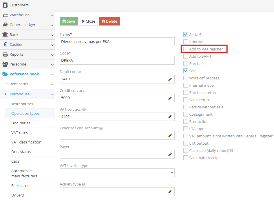 Sales operation type for daily revenue from cash register