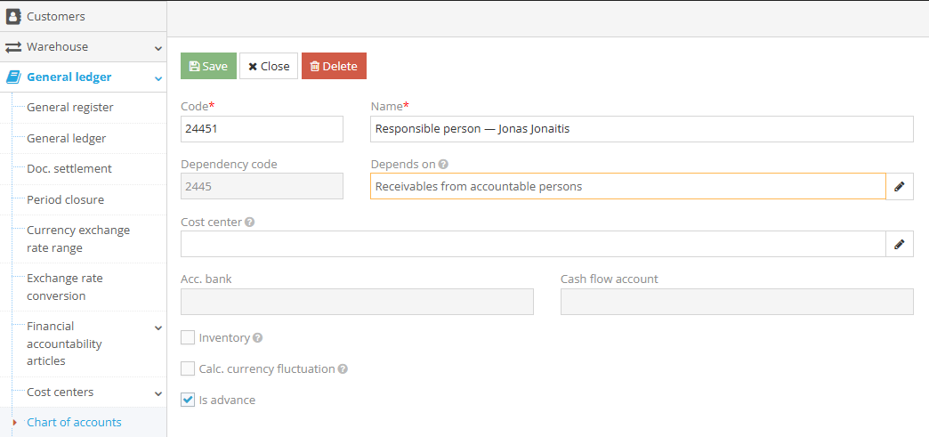 Chart of accounts screen in accounting system