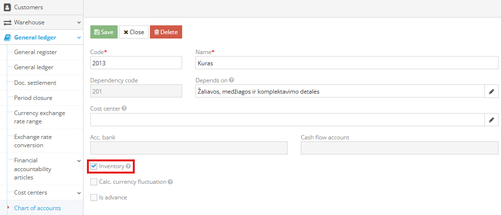 Chart of accounts with Inventory checkbox for materials account