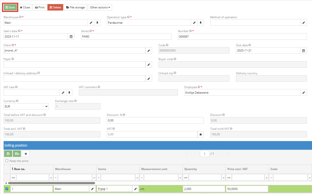 Saving the sales document