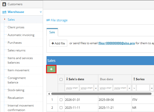Sales creation window