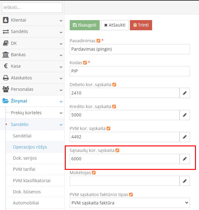 Naujos operacijos Pardavimas (pingin) sukūrimo langas