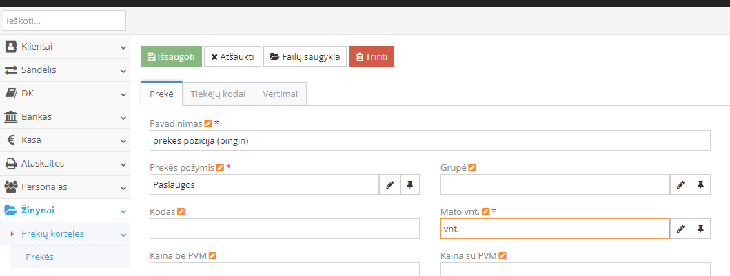Prekės pozicijos (pingin) kortelės sukūrimas