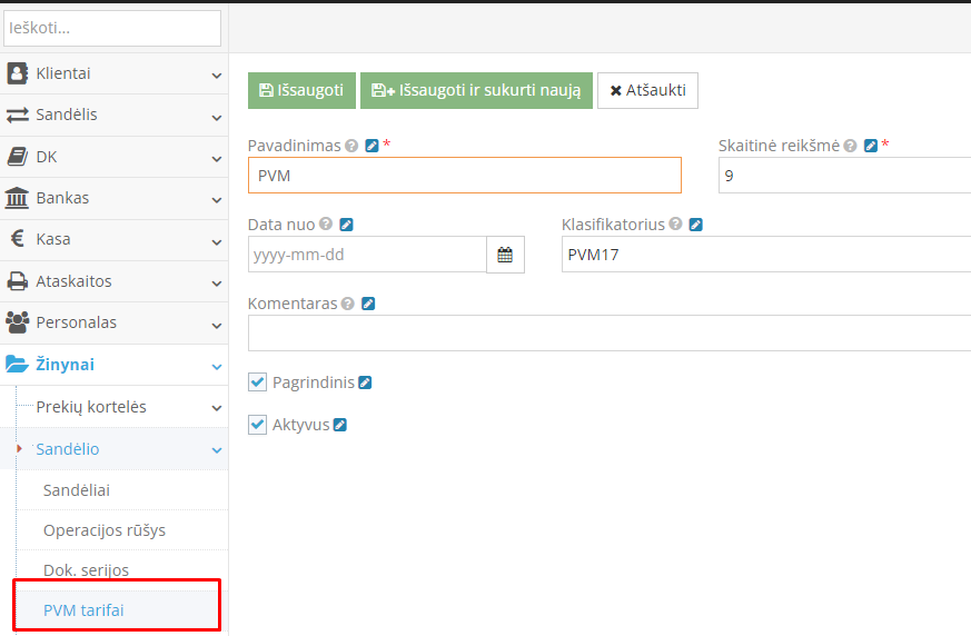 PVM tarifų sukūrimas Sandėlio modulyje