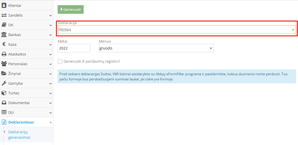 FR0564 deklaracijos generavimo langas su datos ir kitais laukais