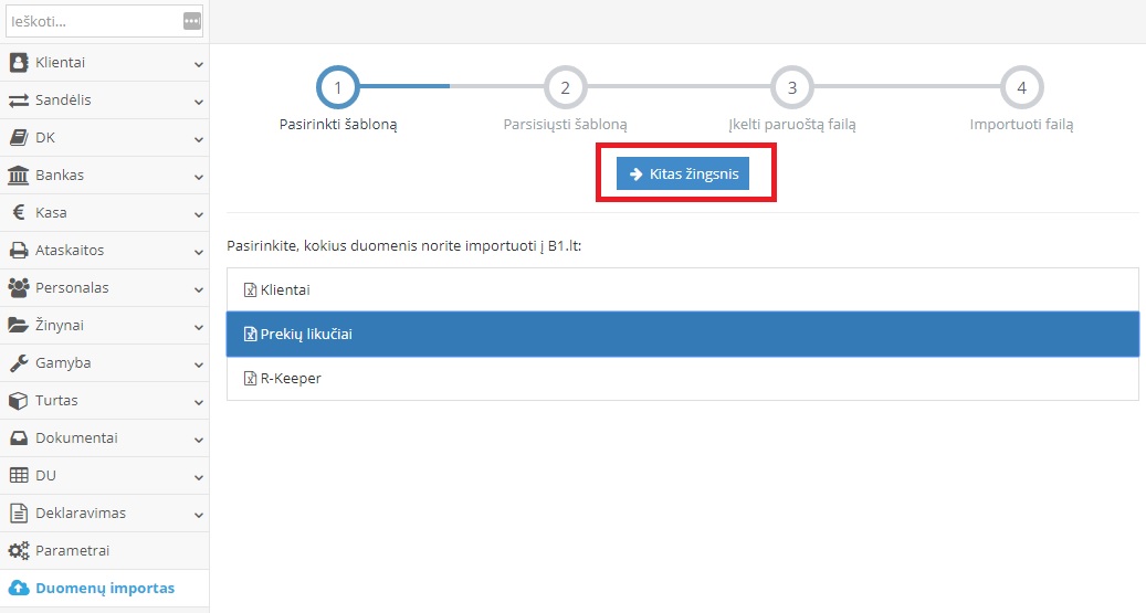 Prekių likučių pasirinkimo langas programoje