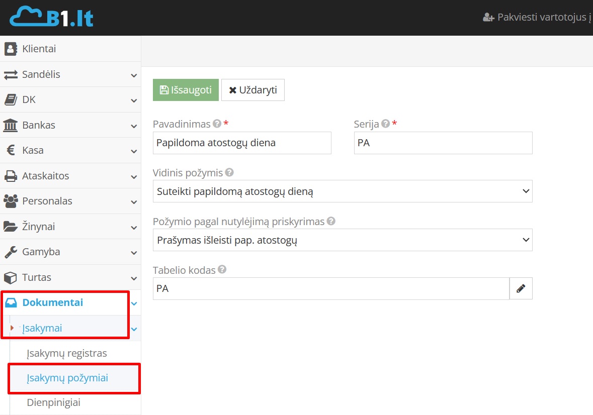 Įsakymo požymių aprašymas programoje