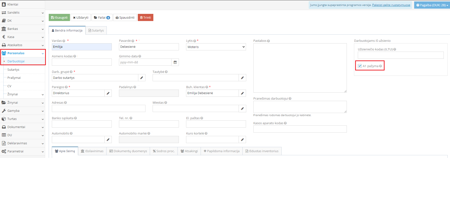 A1 pažymos požymio pažymėjimas darbuotojo kortelėje