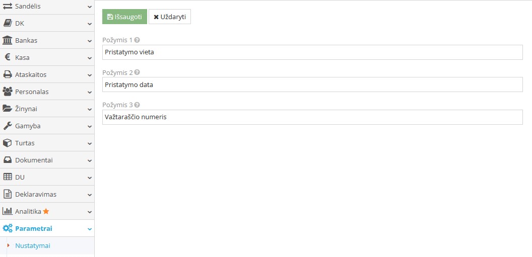 Papildomi prekybos požymiai nustatymų lange