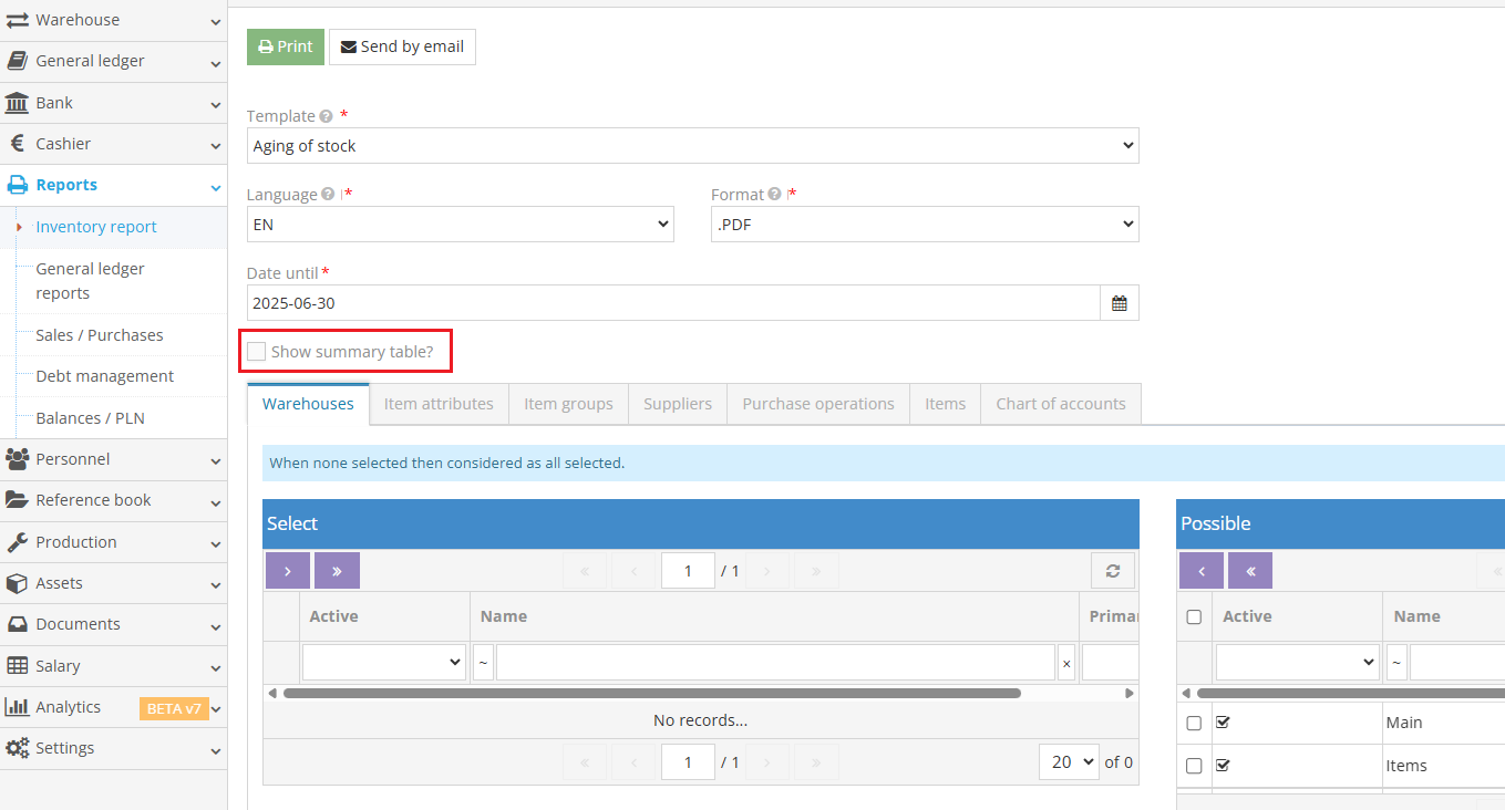 Inventory Aging Report interface example