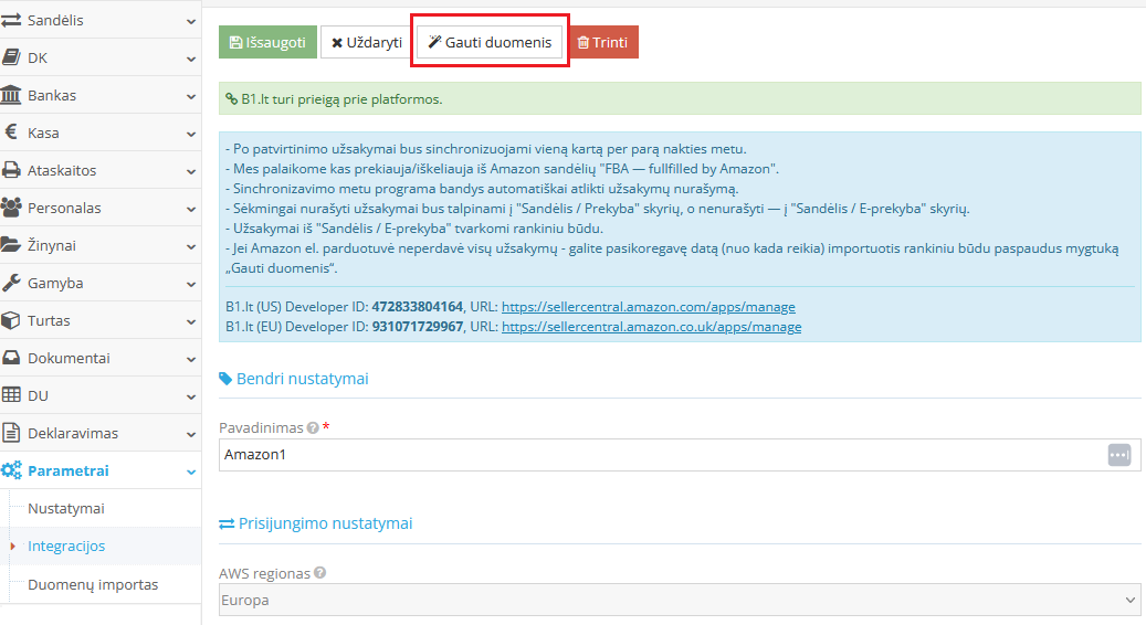 Get data button in Amazon integration