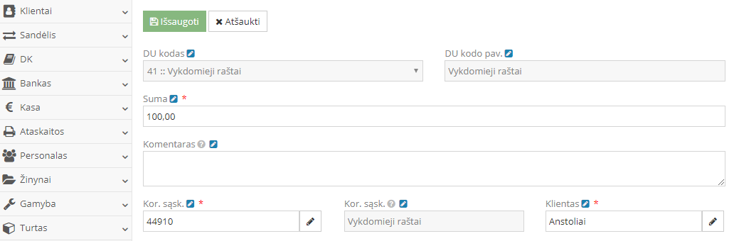 Antstoliui mokėtinos sumos registravimo pavyzdys