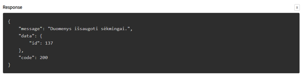 Produkto sukūrimo API atsakymo pavyzdys