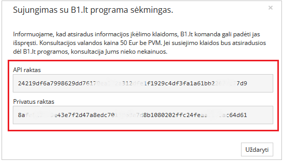 API rakto ir privataus rakto langas Libra sistemoje