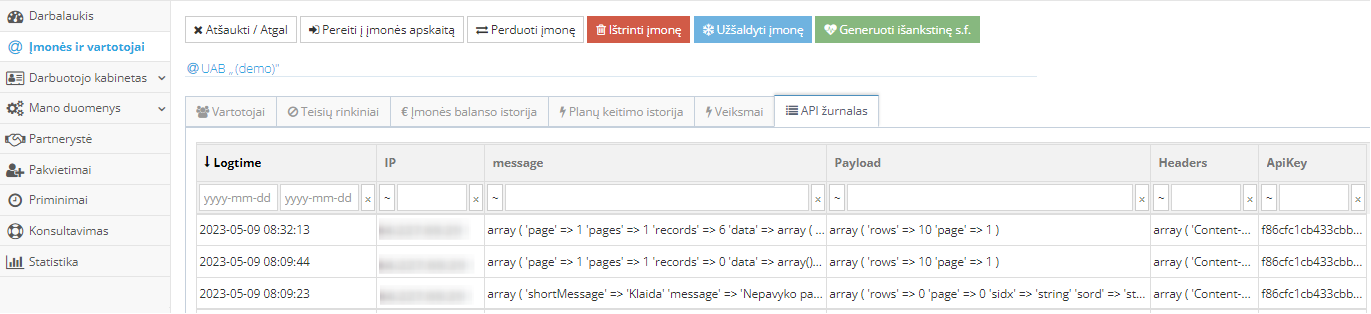 API žurnalo sąrašo peržiūra įmonės paskyroje