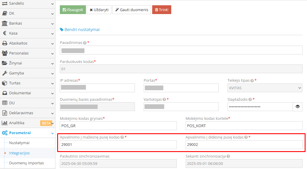Apvalinimo kodų nustatymai