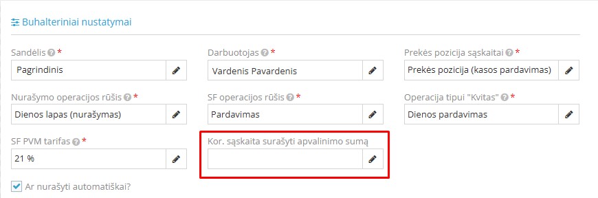 Korespondencinės sąskaitos nustatymas apvalinimui