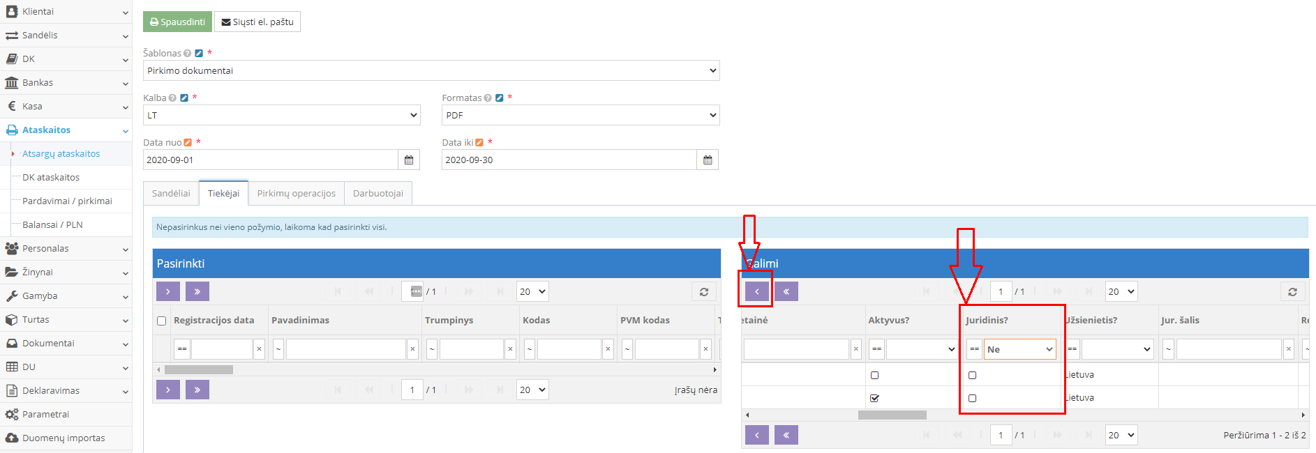 Pirkimo dokumentų ataskaitos pasirinkimas ir filtravimas juridiniams tiekėjams