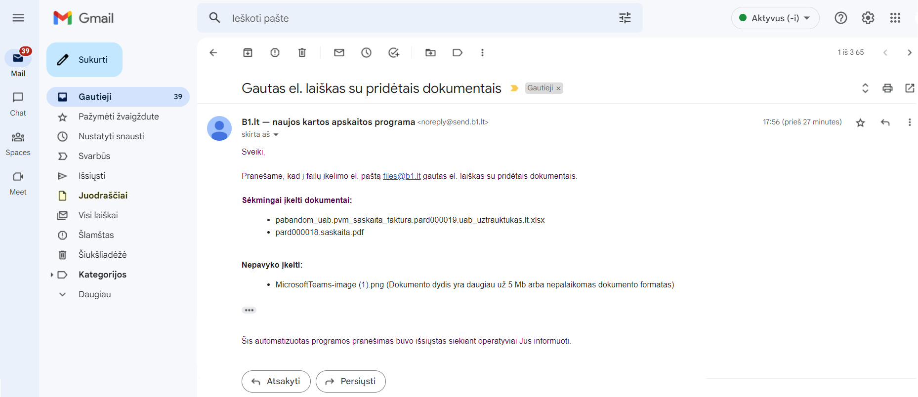 Patvirtinimo laiškas apie dokumentų įkėlimą į Site.pro