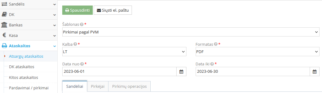 Ataskaitos spausdinimo mygtukas