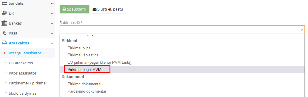 Pirkimai pagal PVM ataskaitos pasirinkimas