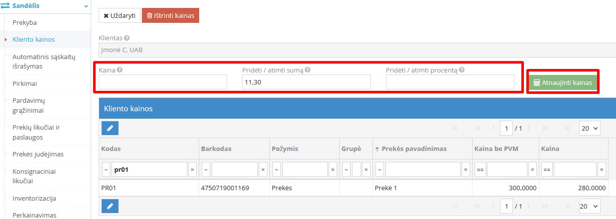 Atnaujinti kainas mygtukas