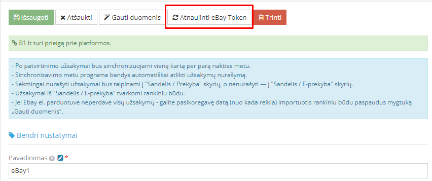 eBay integracijos tokeno atnaujinimas