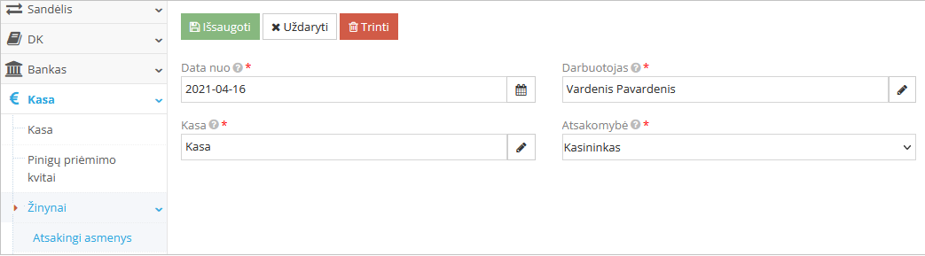 Kasininko priskyrimo lange pateiktas pavyzdys