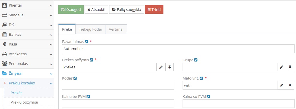 Automobilio prekės kortelės sukūrimas