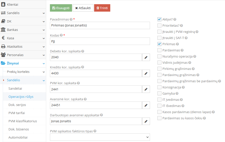 Pirkimo operacijos rūšies sukūrimo langas