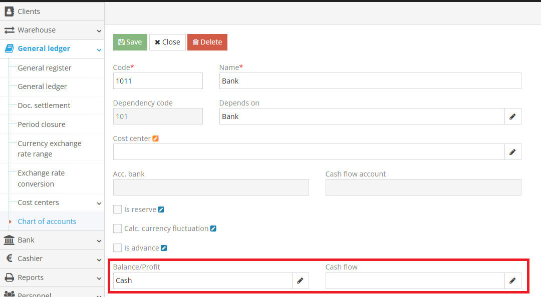 Выбор статьи отчета для счета