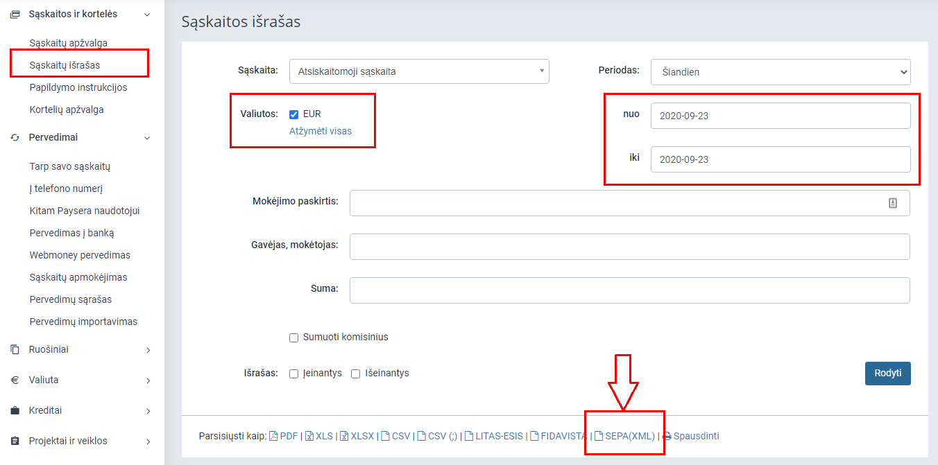 Paysera SEPA failo atsisiuntimo langas