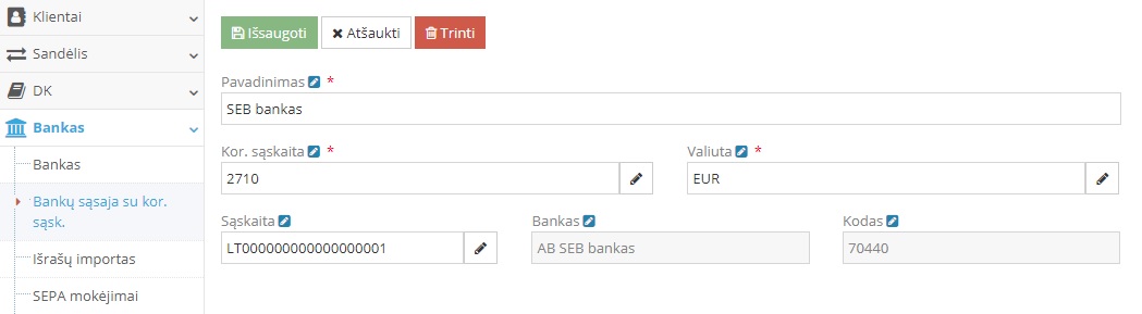 Banko sąskaitos sujungimo su kor. sąskaita langas