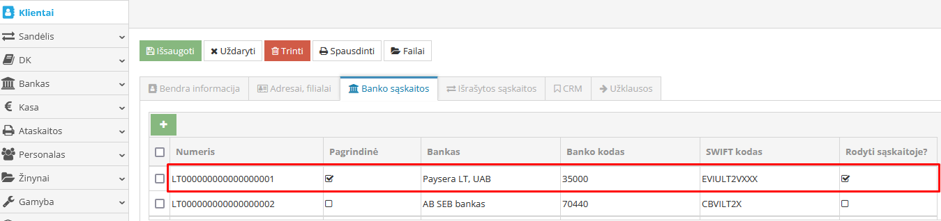 Banko sąskaitos nustatymo langas įmonės kortelėje