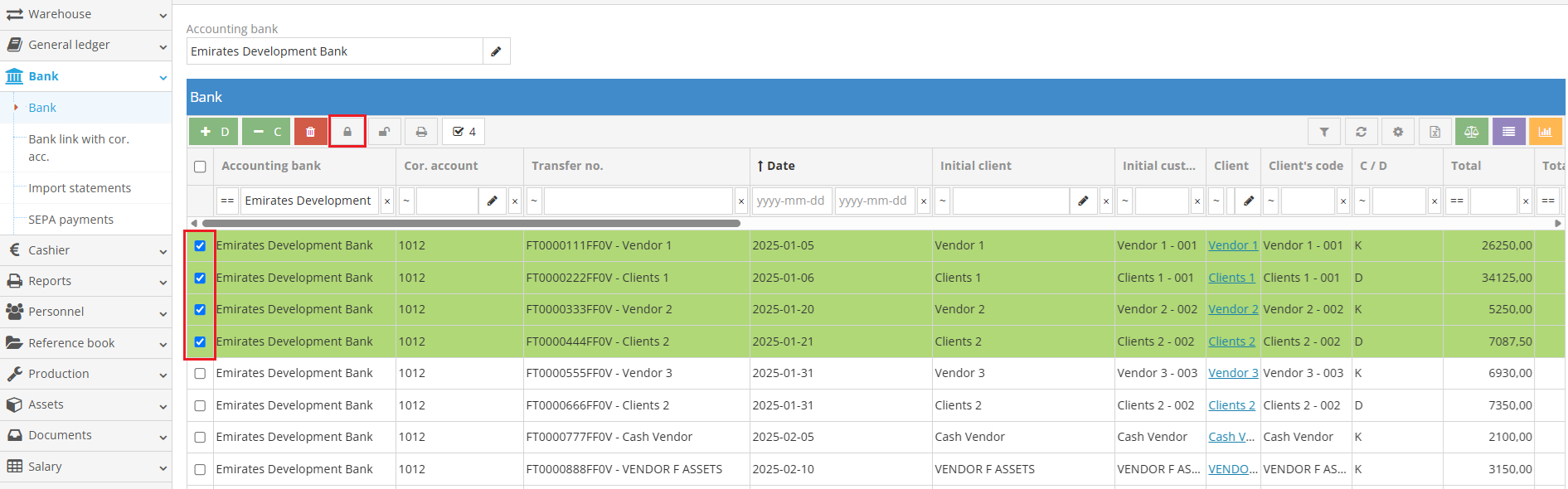 Illustration of bank entries approval process in accounting interface