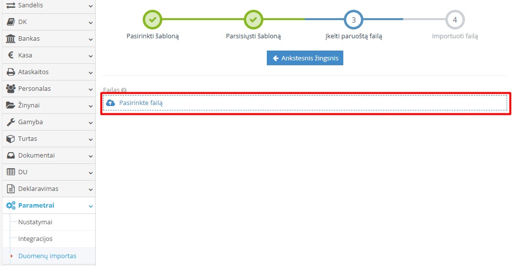 Banko failo įkėlimo langas programoje