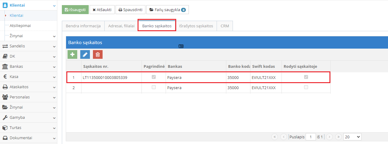 Banko sąskaitos pridėjimo ir pagrindinės sąskaitos pasirinkimo pavyzdys
