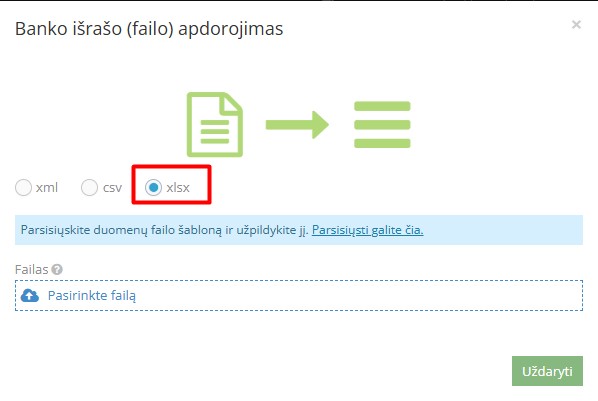 Banko išrašo failo importo langas XLSX formatu