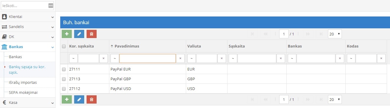 Banko sąskaitos pririšimo prie kor. sąskaitos langas