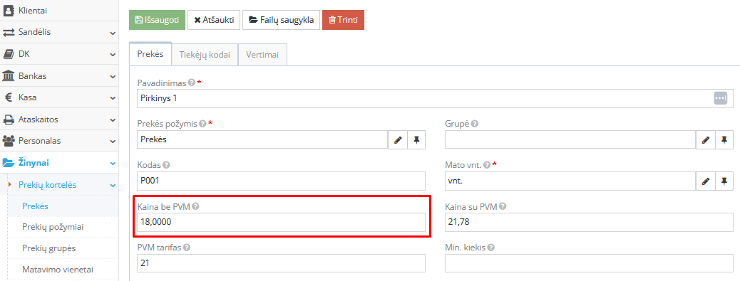 Bazinės kainos atvaizdavimas prekės kortelėje