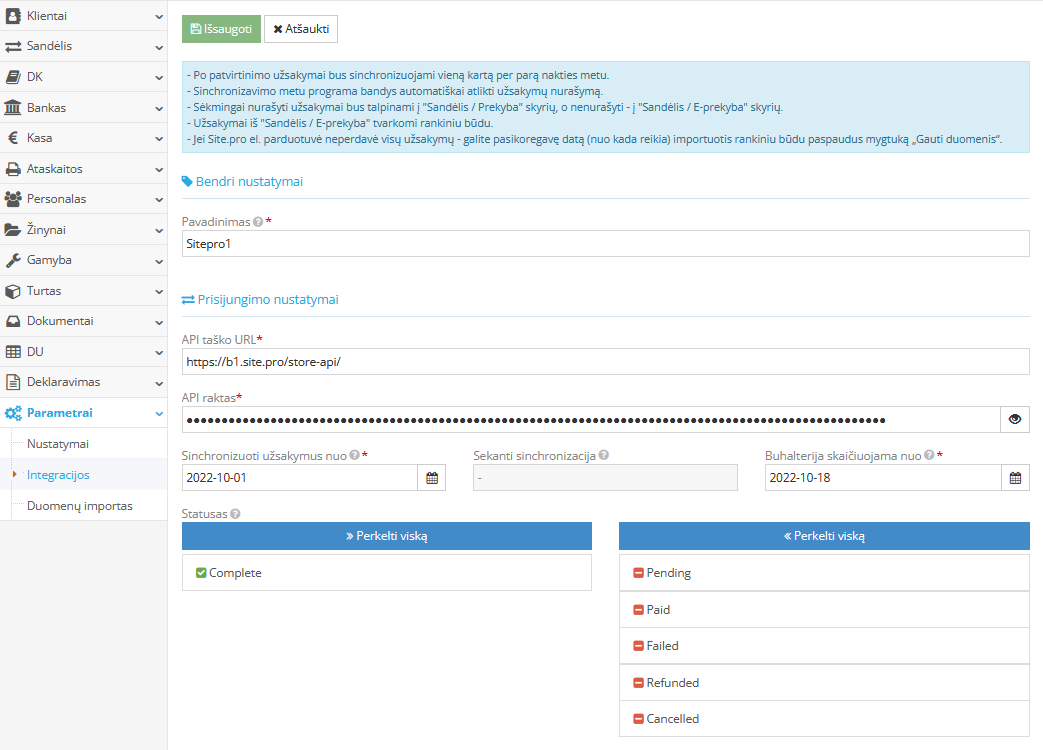 Bendri Site.pro integracijos nustatymai