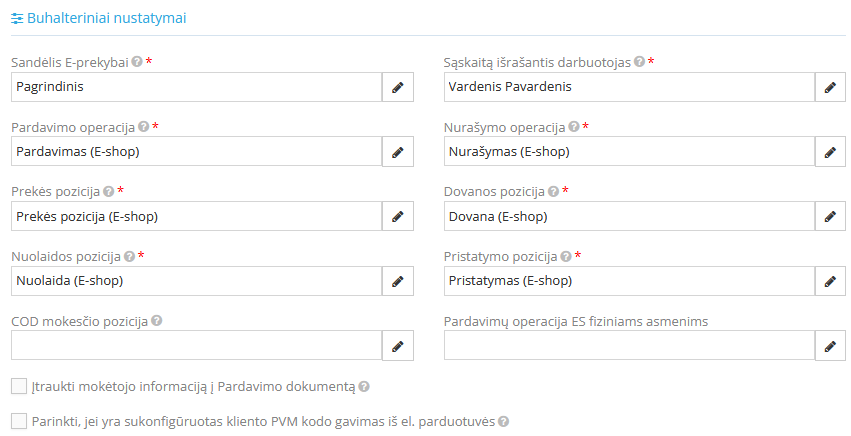 Buhalterinių nustatymų užpildymo langas