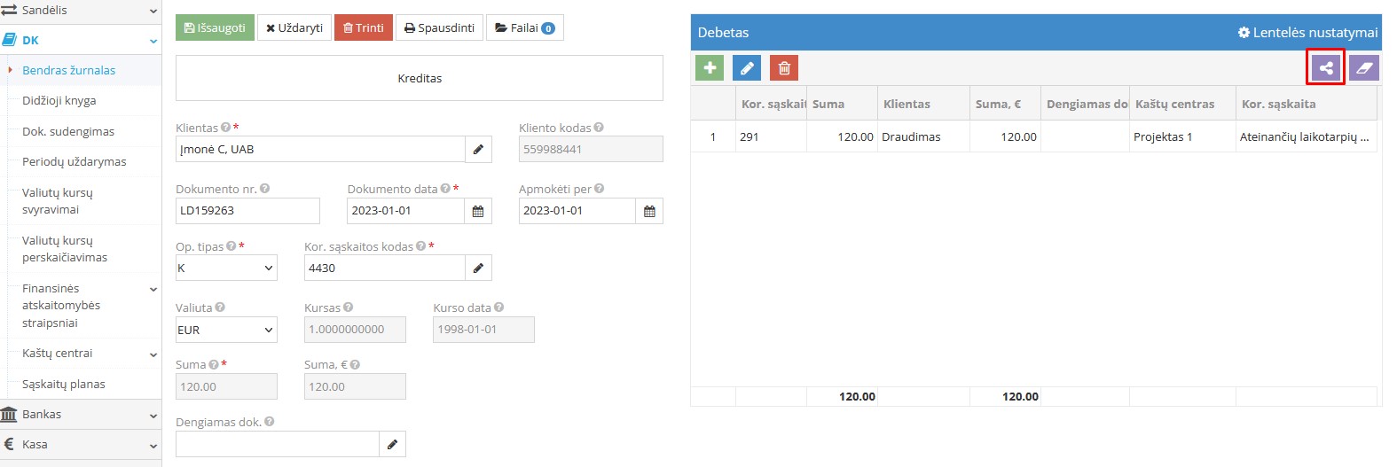 Būsimų sąnaudų registravimo pavyzdys žurnale