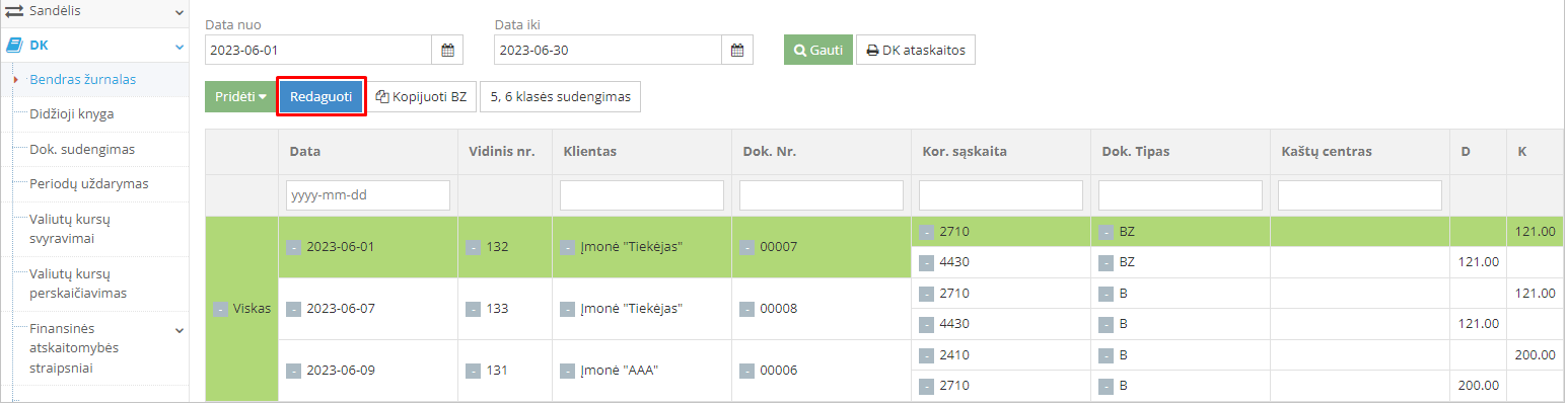Redagavimo mygtukas bendrame žurnale