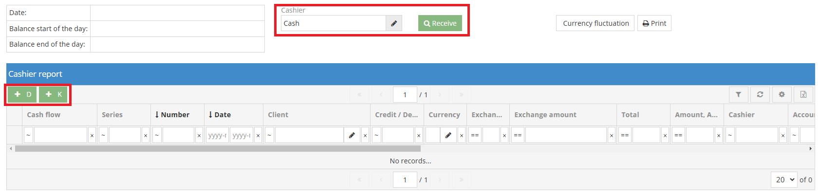 Cashier report interface in accounting software