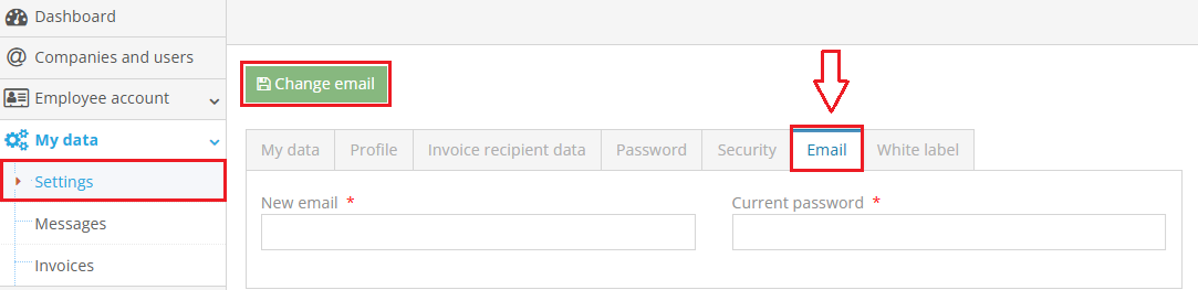 Changing email in account settings